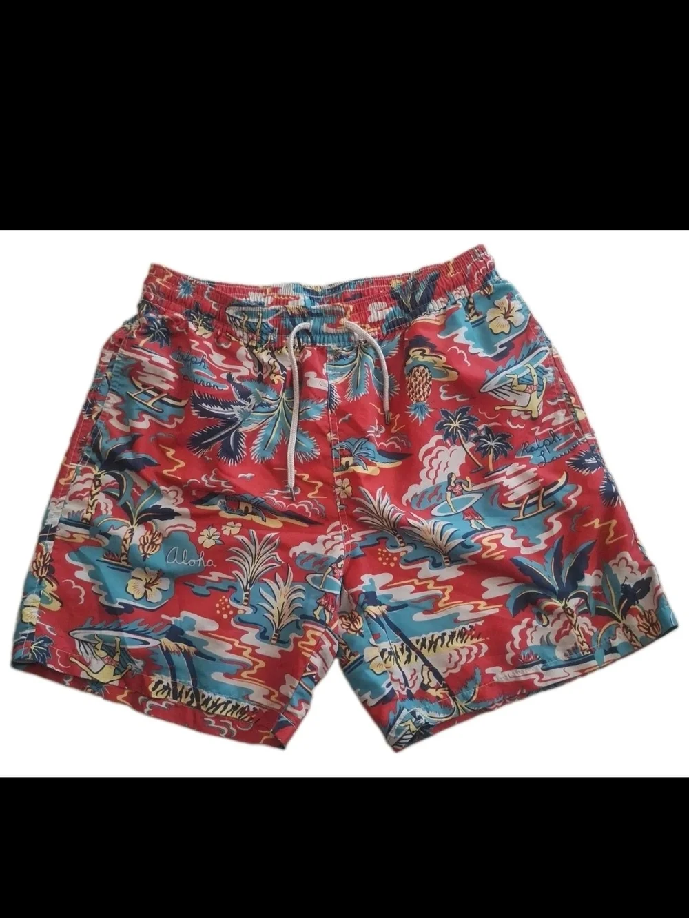 Polo Ralph Lauren Swim Trunks Mens Large Red Aloha Hawaiian Surfer Print Shorts